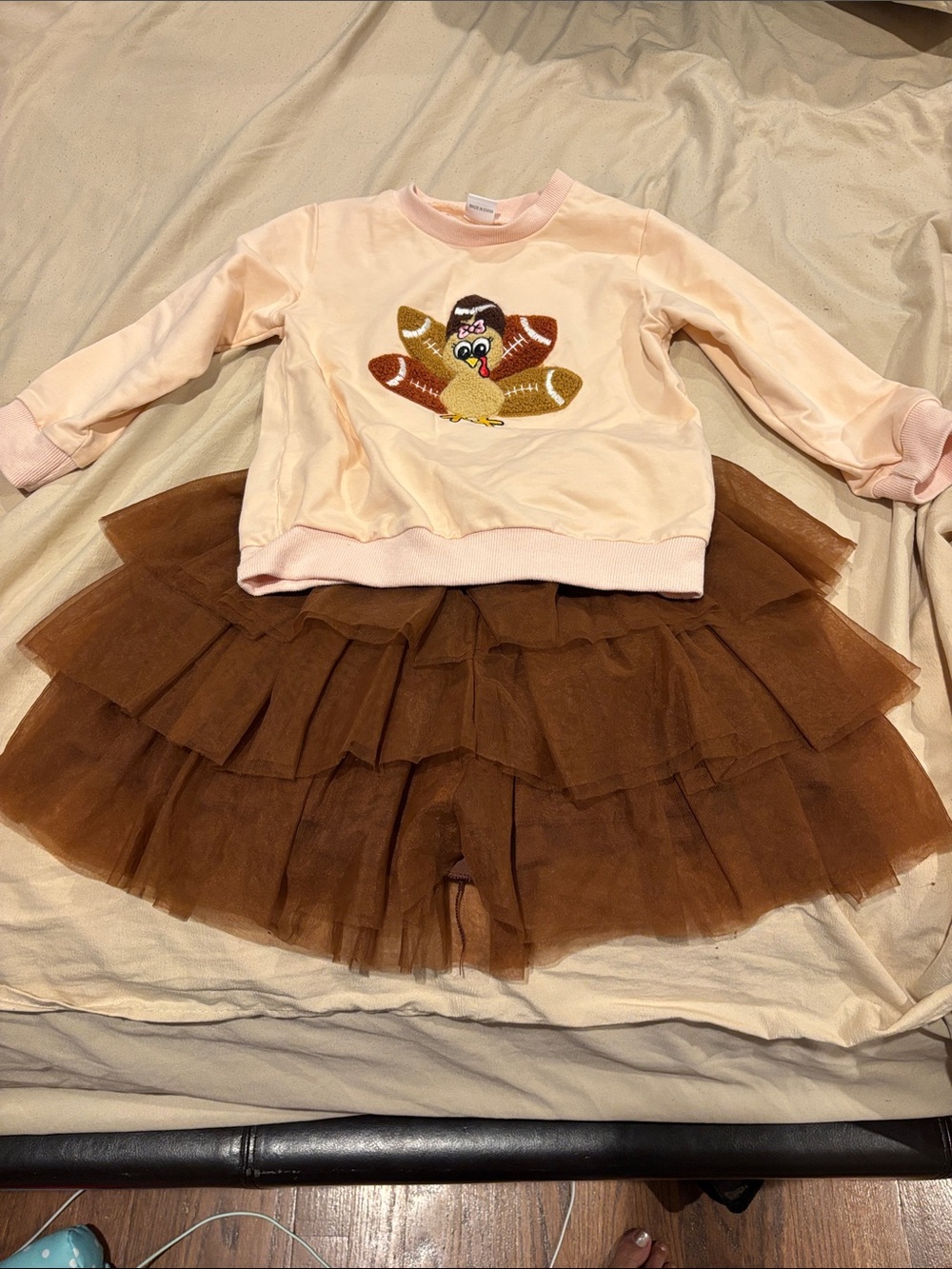 Girls Pink Turkey Sweatshirt & Brown Tulle Skirt Set